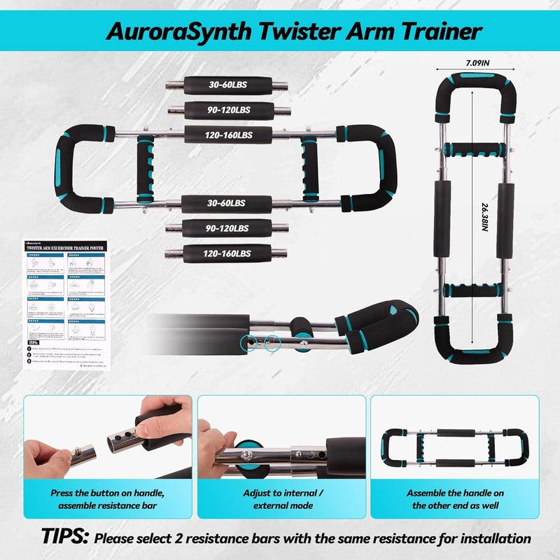 AuroraSynth Twister Arm Trainer, Adjustable Chest Workout Equipment with 6 Resistance Levels Springs (30-160 Lbs), Arm Trainer for Men & Women, Detachable Home Gym Fitness Trainer with Anti-Slip Handles - Image 2